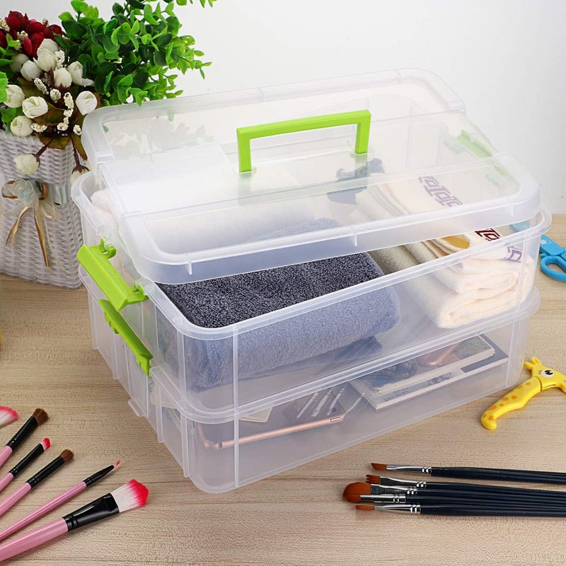 BTSKY 2 Layer Stack & Carry Box, Plastic Multipurpose Portable Storage Container Box Handled Organizer Storage Box for Organizing Stationery, Sewing, Art Craft, Jewelry and Beauty Supplies Green - Image 2